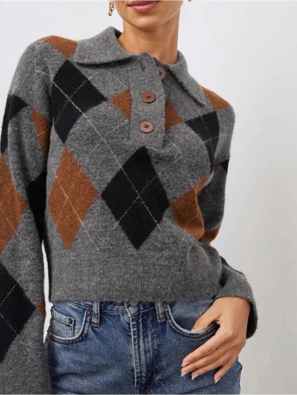 Gray Argyle Polo-Neck Sweater with Brown Accents Shaw Rails Cardigan